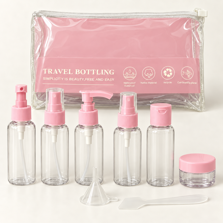 ست ظروف مسافرتی ۸ تکه TRAVEL BOTTLING همراه کیف – سه رنگ