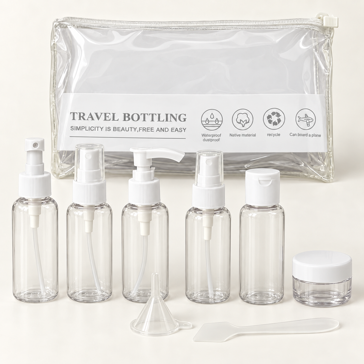 ست ظروف مسافرتی ۸ تکه TRAVEL BOTTLING همراه کیف – سه رنگ