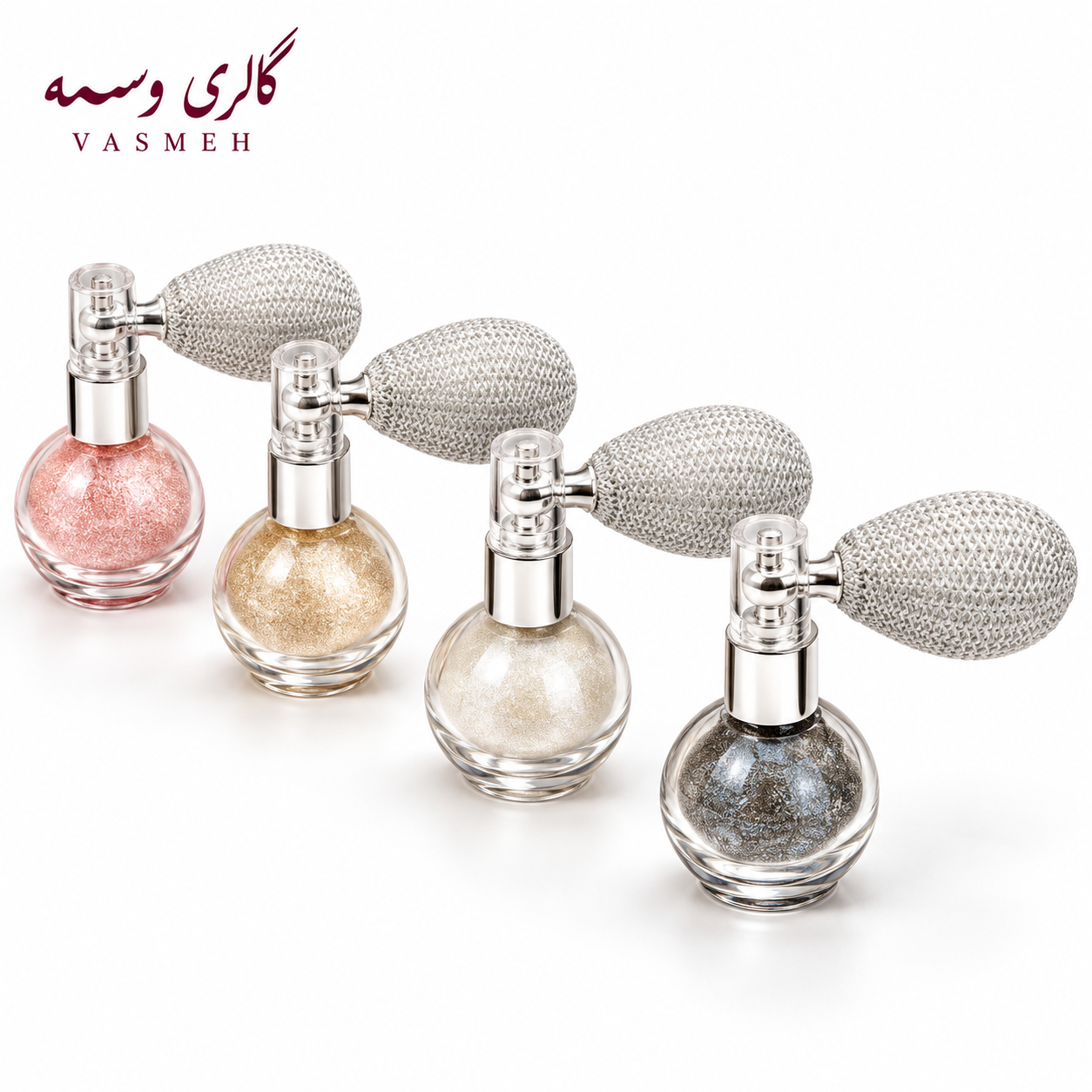 هایلایتر پمپی طرح عطر و ادکلن قدیمی در چهار رنگ صورتی، طلایی، سفید صدفی و نقره‌ای دودی